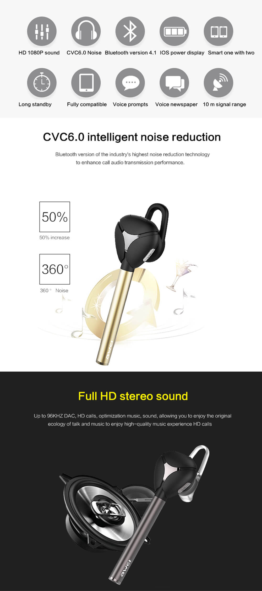 Awei A830BL Wireless Headset Bluetooth 4.1 Car Kit Wireless Stereo Handsfree Earphone - Gold
