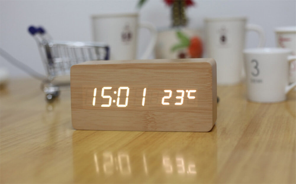 AJ6035 Digital LED Wood Wooden Desk Alarm Clock Timer Thermometer Snooze Voice Control- Yellow+White
