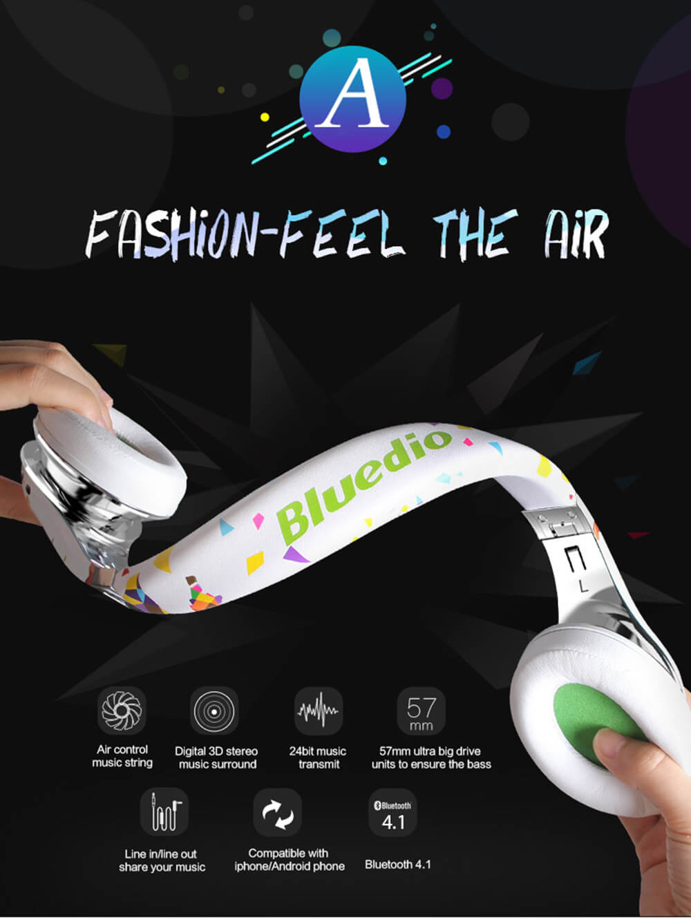 Bluedio A Wireless Bluetooth4.1 HiFi Headphone for iPhone HTC Motorola LG Samsung - White