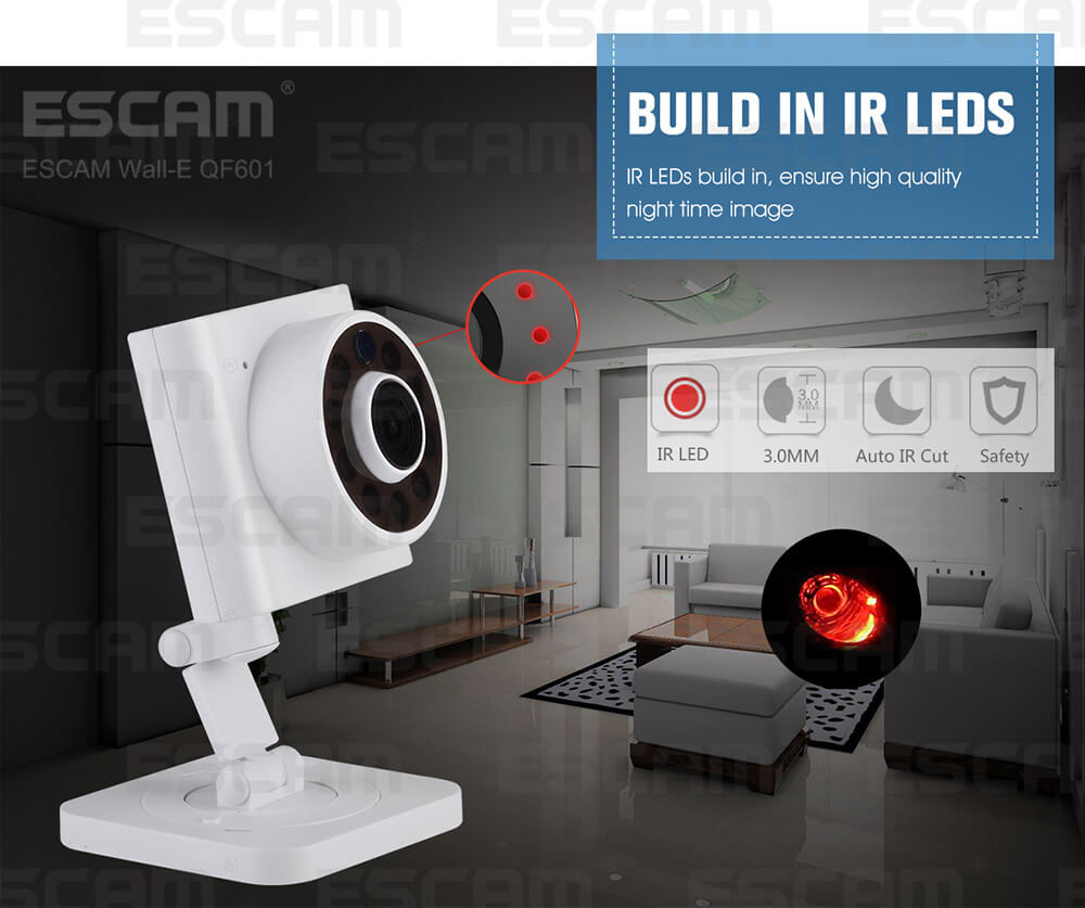 ESCAM Wall-E QF601 WiFi IP Camera 720P 110 Degrees Wide Angle 2.8mm Lens Onvif Network Camera Night Vision