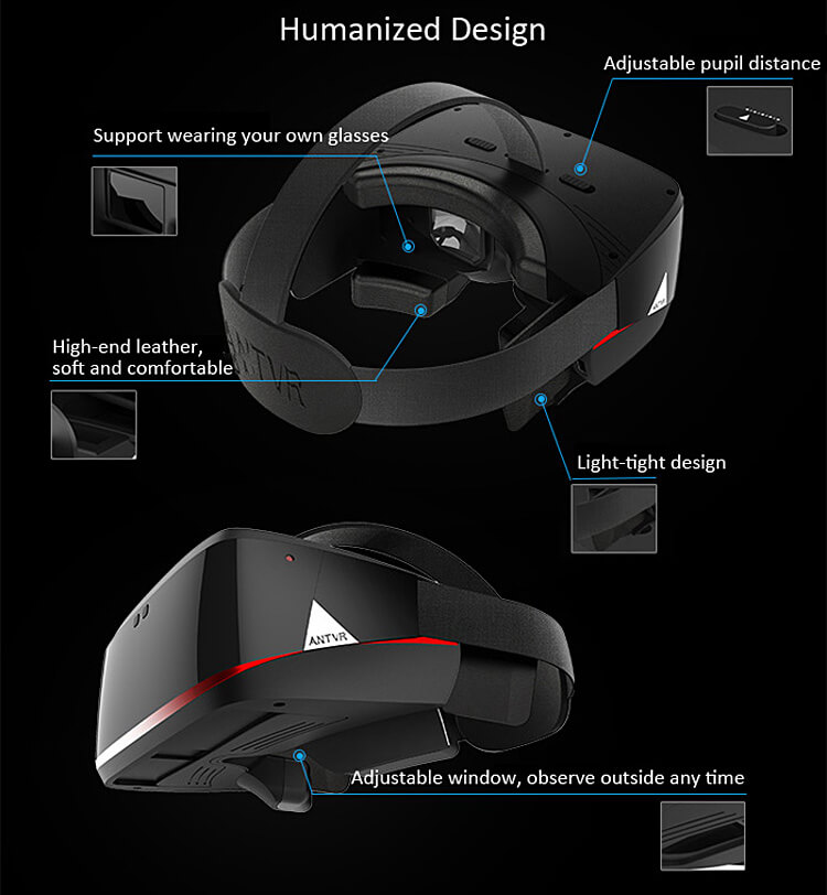 ANTVR Kit 3D Immersive Virtual Reality VR Headset 1080P HD VR Helmet 100FOV Distortion Free for PC - Black