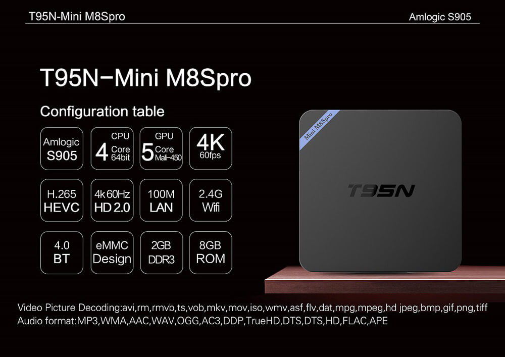 T95N-Mini M8Spro 4K Android 5.1 Amlogic S905 TV BOX 2G/8G 802.11 b/g/n LAN KODI HDMI Dolby 3G - Black