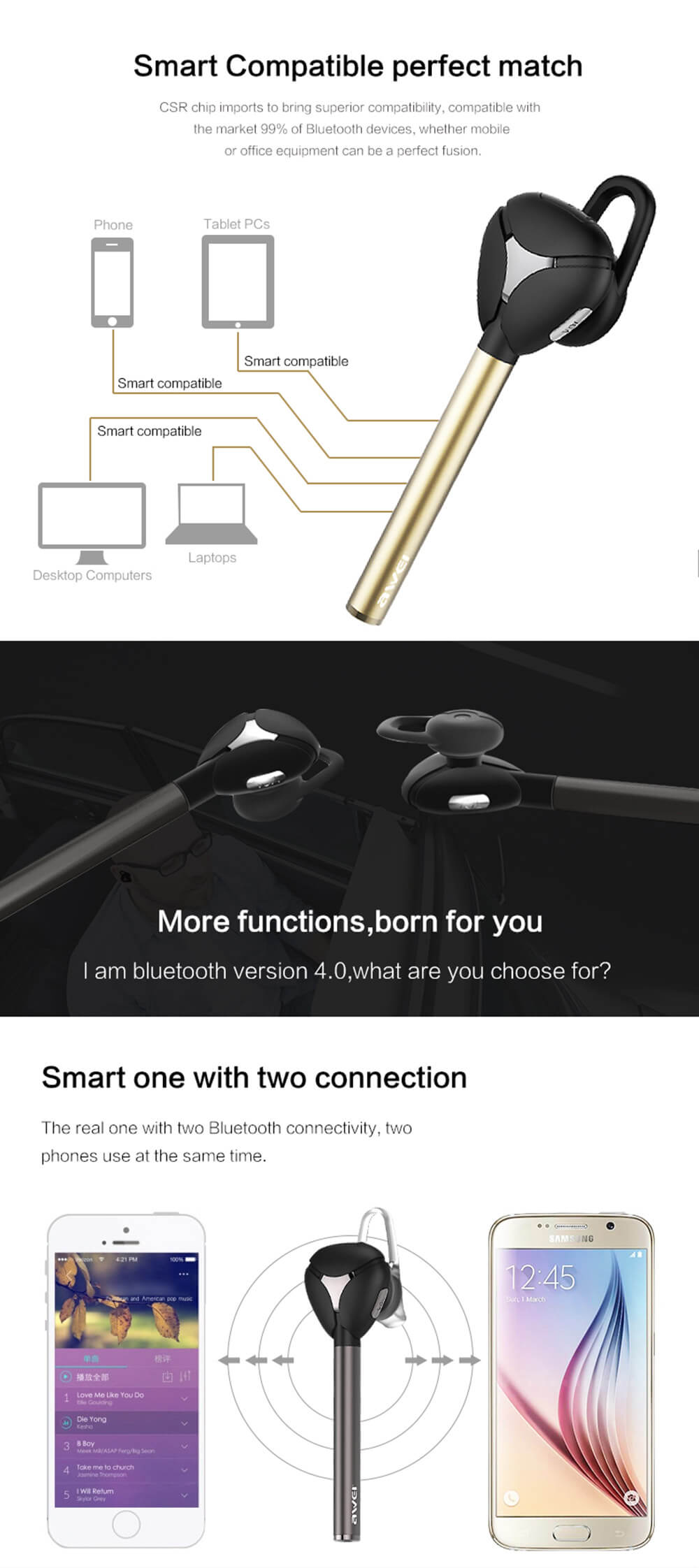 Awei A830BL Wireless Headset Bluetooth 4.1 Car Kit Wireless Stereo Handsfree Earphone - Gold