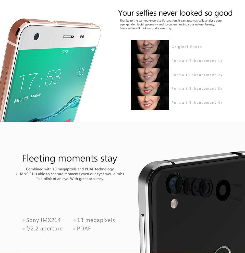 UHANS S1 5.0 Inch 2.5D HD 4G LTE Freeme 6.1OS Android 6.0 3GB 32GB Smartphone(White) + Leather Case(White) +Soft Case + Screen Protector