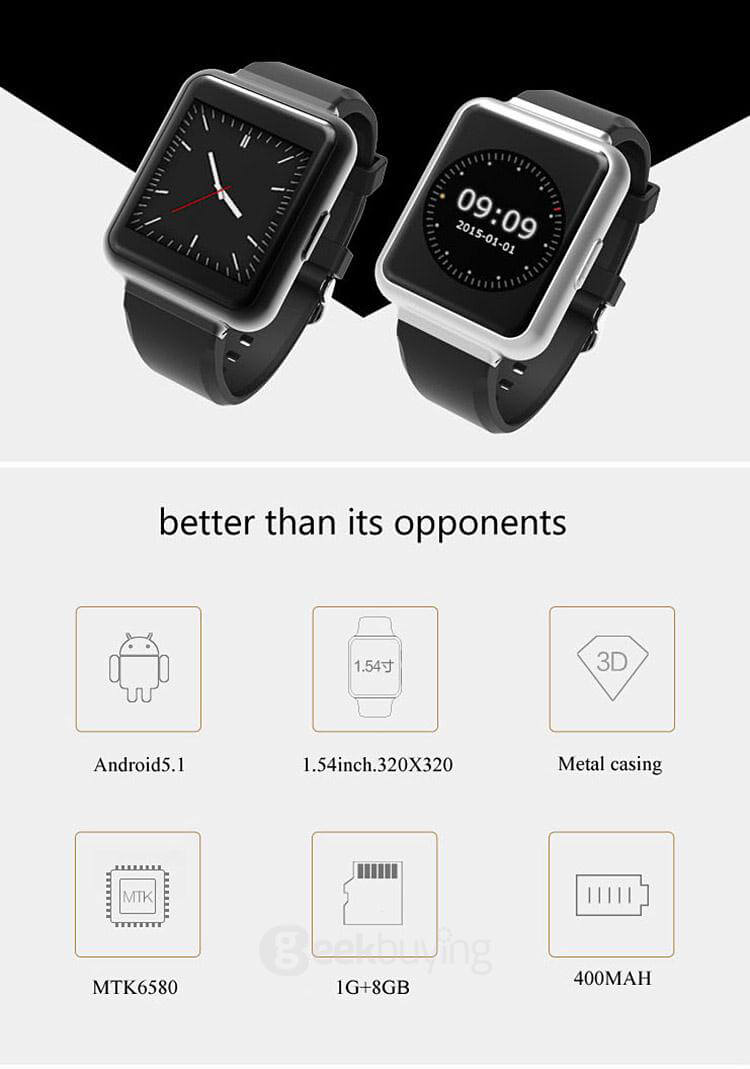 Q1 3G Smartwatch Phone Android 5.1 OS 1.54 inch MTK6580 Quad Core 1.3GHz 1GB RAM 8GB ROM Google Play GPS WiFi Bluetooth 4.1 - Black