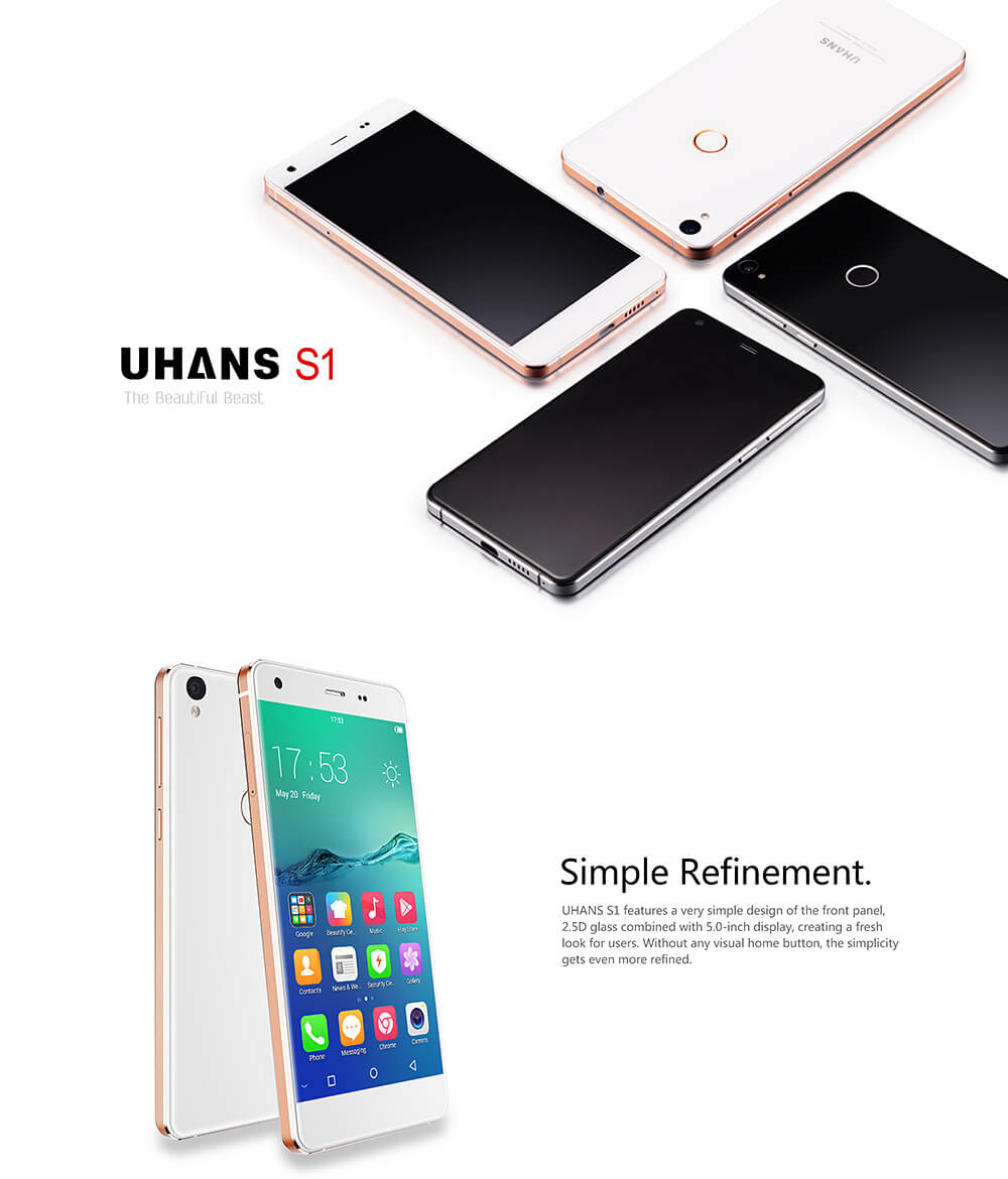 UHANS S1 5.0 Inch 2.5D HD 4G LTE Freeme 6.1OS Android 6.0 3GB 32GB Smartphone 64bit MTK6753 Octa Core 1.3GHz 8.0MP 16.0MP Touch ID - Black