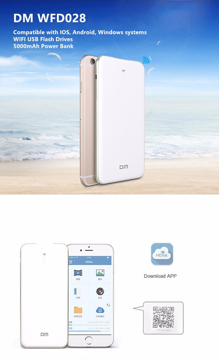 DM WFD028 64GB Wireless Micro USB Flash Drives WiFi Sharing Data 5000mAh Power Bank For iPhone / Android / PC - White