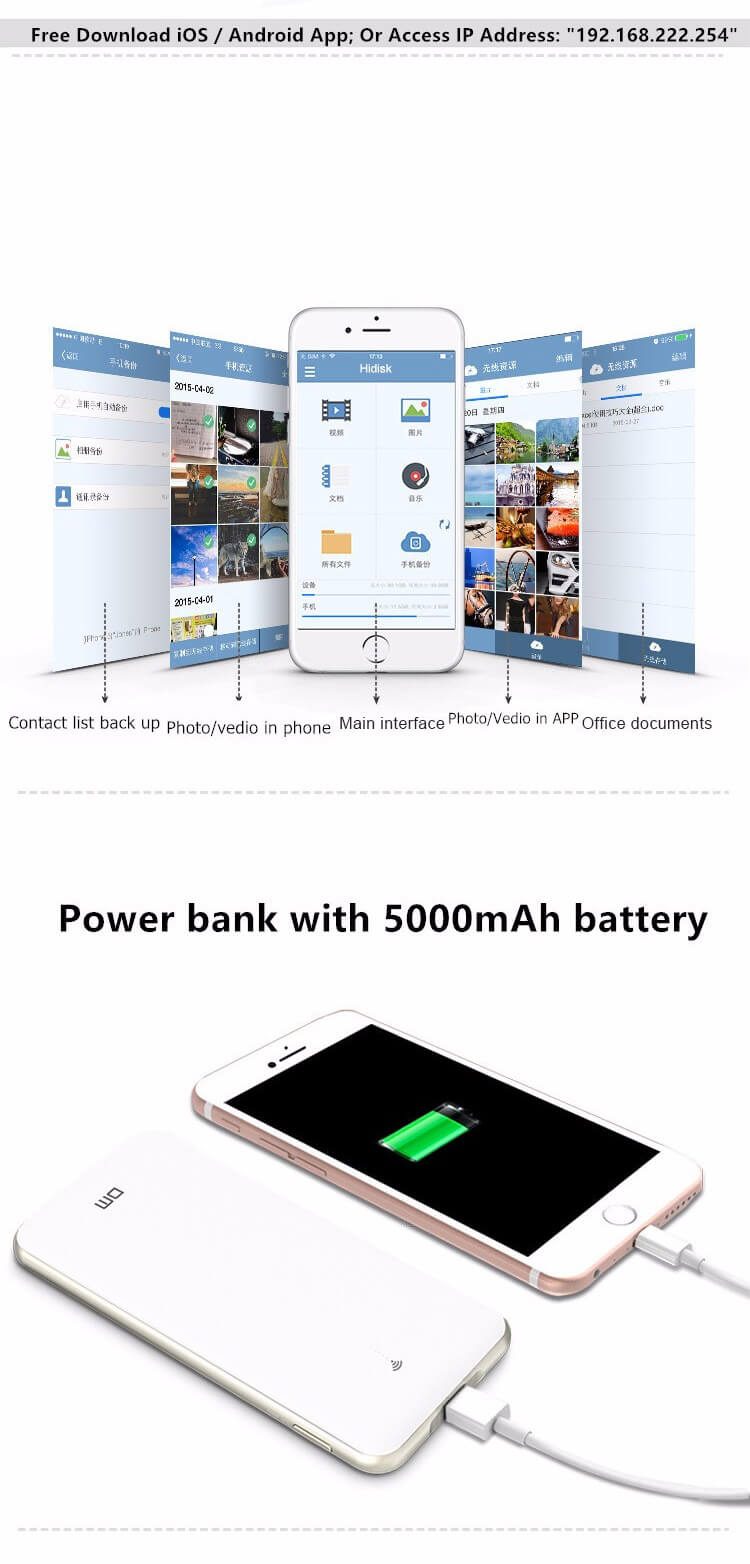 DM WFD028 64GB Wireless Micro USB Flash Drives WiFi Sharing Data 5000mAh Power Bank For iPhone / Android / PC - White