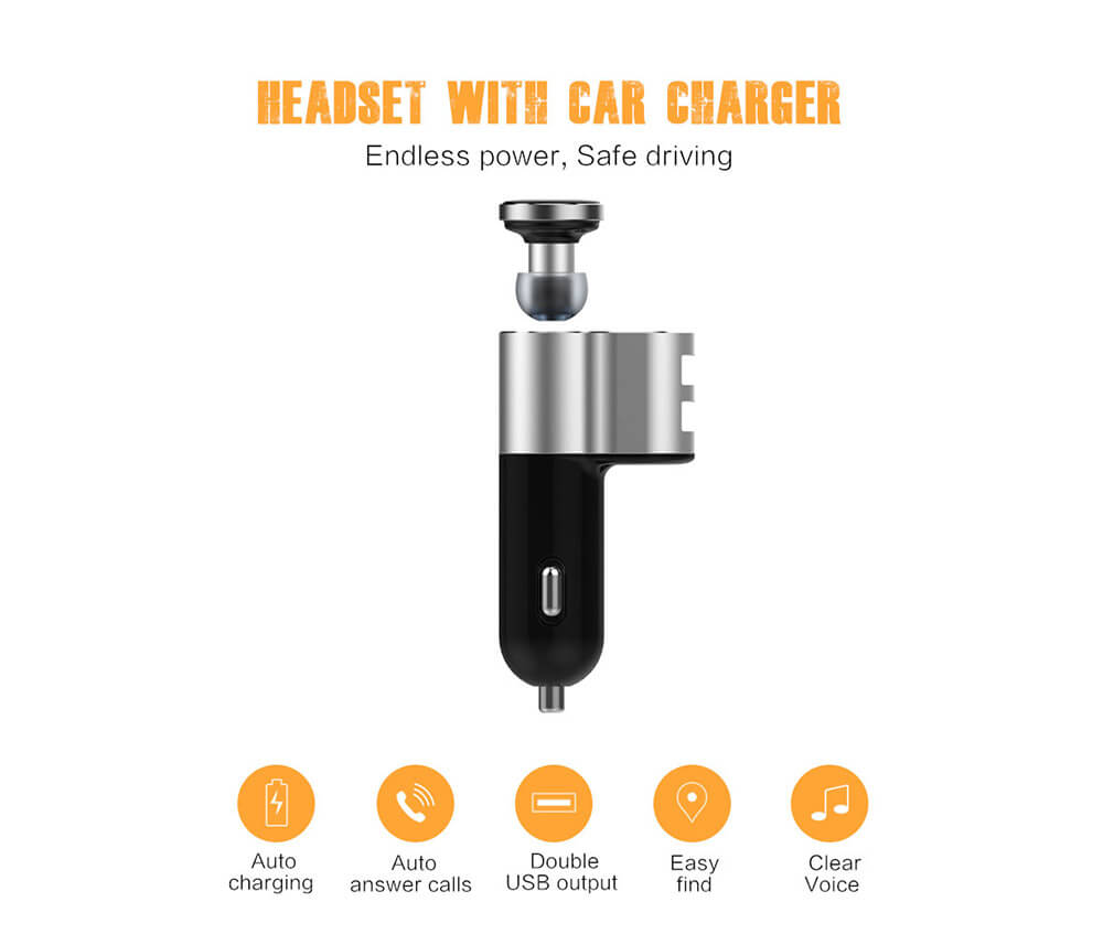 OVEVO Q10 2 Port USB Auto Charger Fast Charge Support Two Bluetooth Devices With Bluetooth Stereo Headset - Silver Black