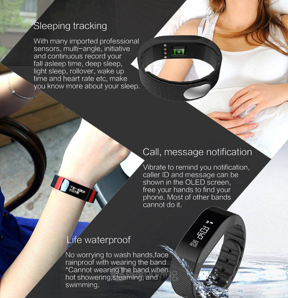 SMA-BAND Bluetooth 4.0 Smart Bracelet Heart Rate Monitor/ Sleep Activity Tracker/ Colorful Breathing Light/ IP65 Waterproof for iOS Android - Black
