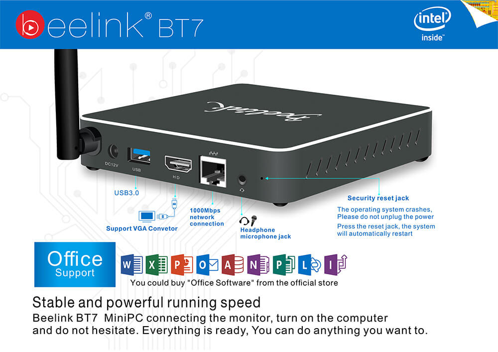 Beelink BT7 Intel Cherry Trail Z8700 4G/64G Barebone Mini PC 2.4G/5.8G WIFI 1000M LAN Bluetooth4.0 HDMI