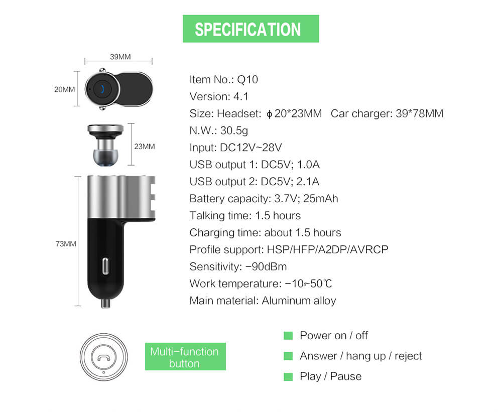 OVEVO Q10 2 Port USB Auto Charger Fast Charge Support Two Bluetooth Devices With Bluetooth Stereo Headset - Silver Black