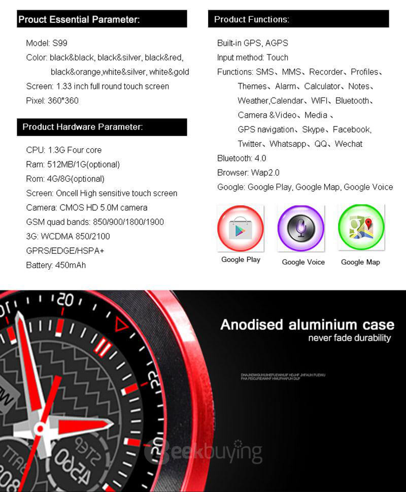 ZGPAX S99 3G Smartwatch Phone Android 5.1 OS 1.33 inch MTK6580 Quad Core 1.3GHz 512MB RAM 8GB ROM Google Play GPS Bluetooth 4.0 WiFi - Black