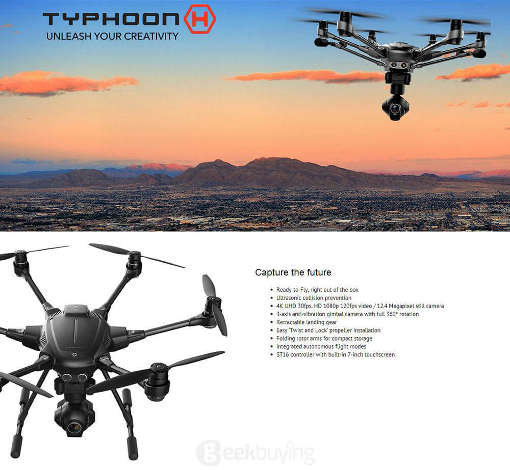 Yuneec Typhoon H FPV 12MP Camera 3Axis Gimbal 7Inches Display Smart RC Quadcopter