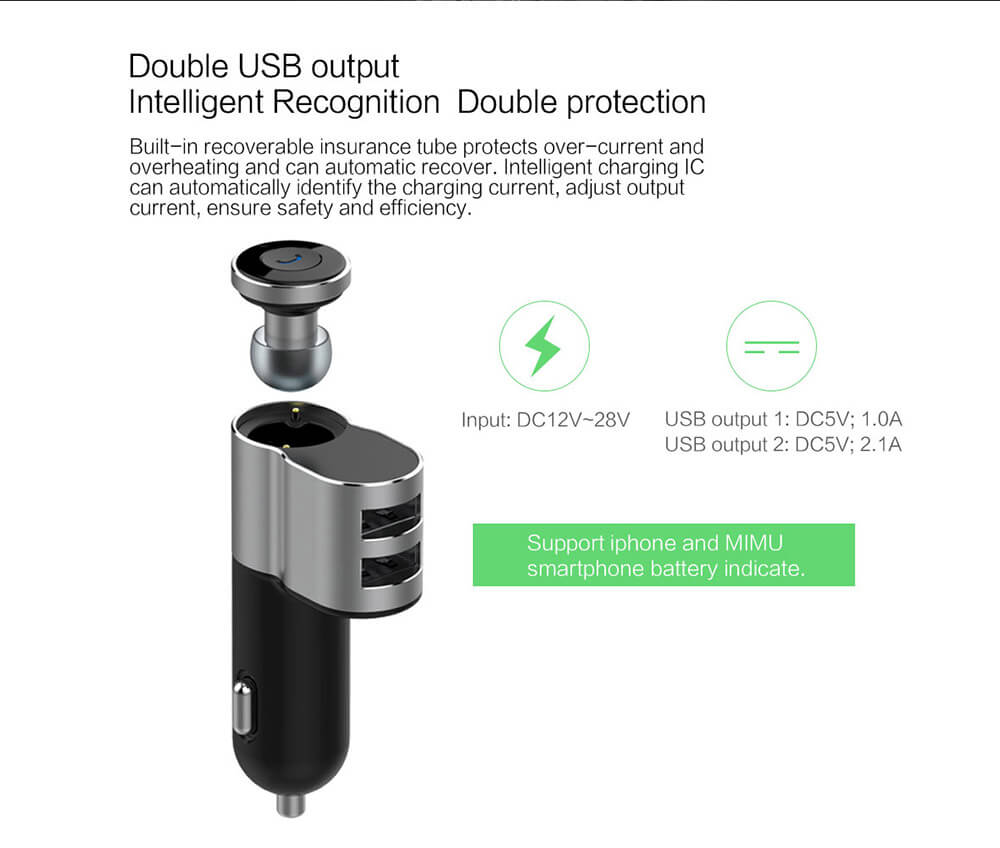 OVEVO Q10 2 Port USB Auto Charger Fast Charge Support Two Bluetooth Devices With Bluetooth Stereo Headset - Silver Black