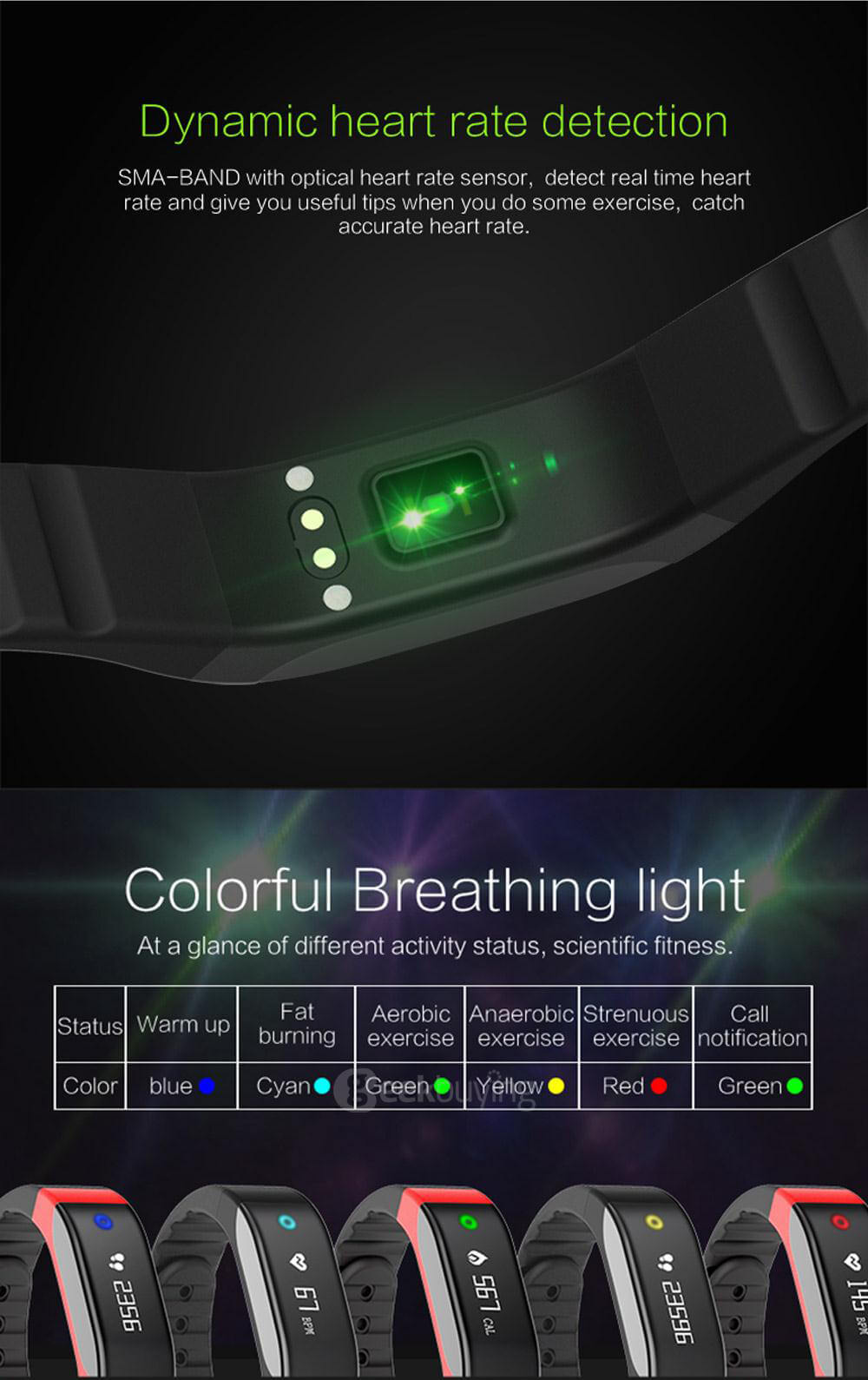 SMA-BAND Bluetooth 4.0 Smart Bracelet Heart Rate Monitor/ Sleep Activity Tracker/ Colorful Breathing Light/ IP65 Waterproof for iOS Android - Black