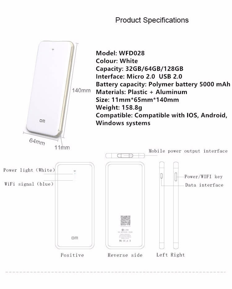 DM WFD028 64GB Wireless Micro USB Flash Drives WiFi Sharing Data 5000mAh Power Bank For iPhone / Android / PC - White