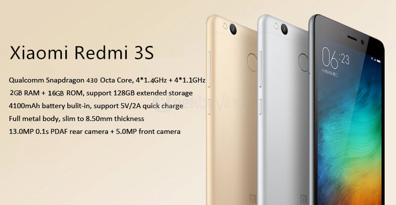 XIAOMI Redmi 3S 5.0inch HD 4G LTE MIUI 7 Smartphone Qualcomm Snapdragon 430 Octa Core 2GB 16GB 5.0MP+13.0MP Touch ID Fast Charge 4100mAh Metal Body - Dark Gray