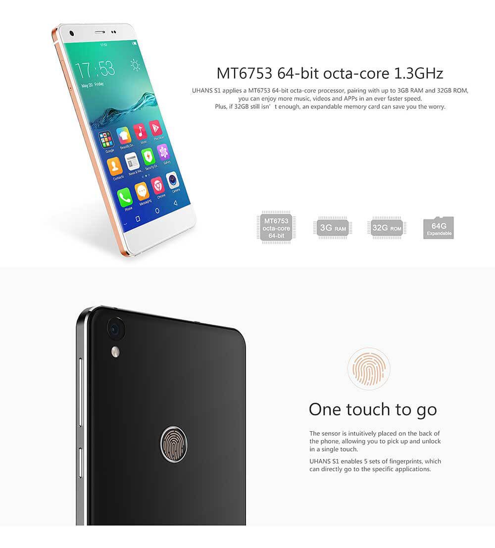 UHANS S1 5.0 Inch 2.5D HD 4G LTE Freeme 6.1OS Android 6.0 3GB 32GB Smartphone(White) + Leather Case(White) +Soft Case + Screen Protector