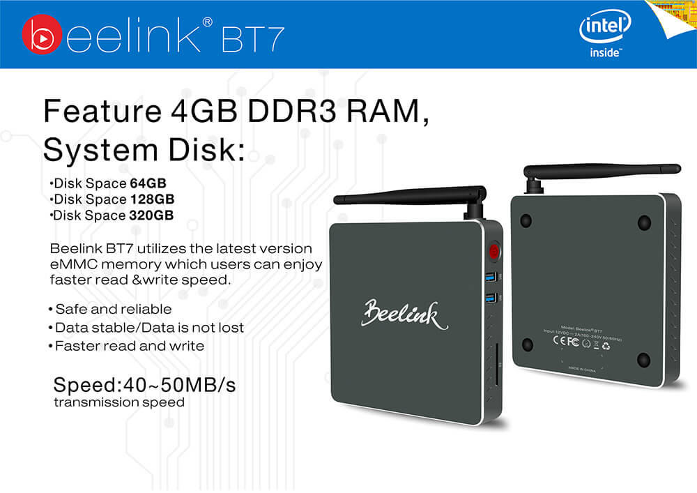 Beelink BT7 Intel Cherry Trail Z8700 4G/64G Barebone Mini PC 2.4G/5.8G WIFI 1000M LAN Bluetooth4.0 HDMI