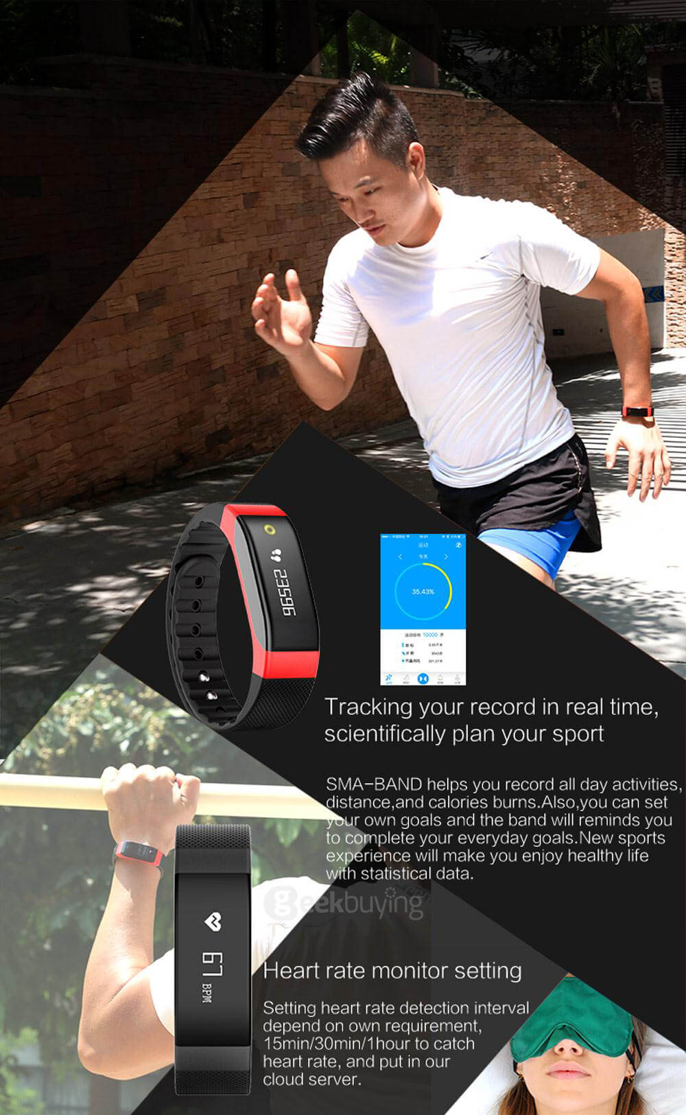 SMA-BAND Bluetooth 4.0 Smart Bracelet Heart Rate Monitor/ Sleep Activity Tracker/ Colorful Breathing Light/ IP65 Waterproof for iOS Android - Black
