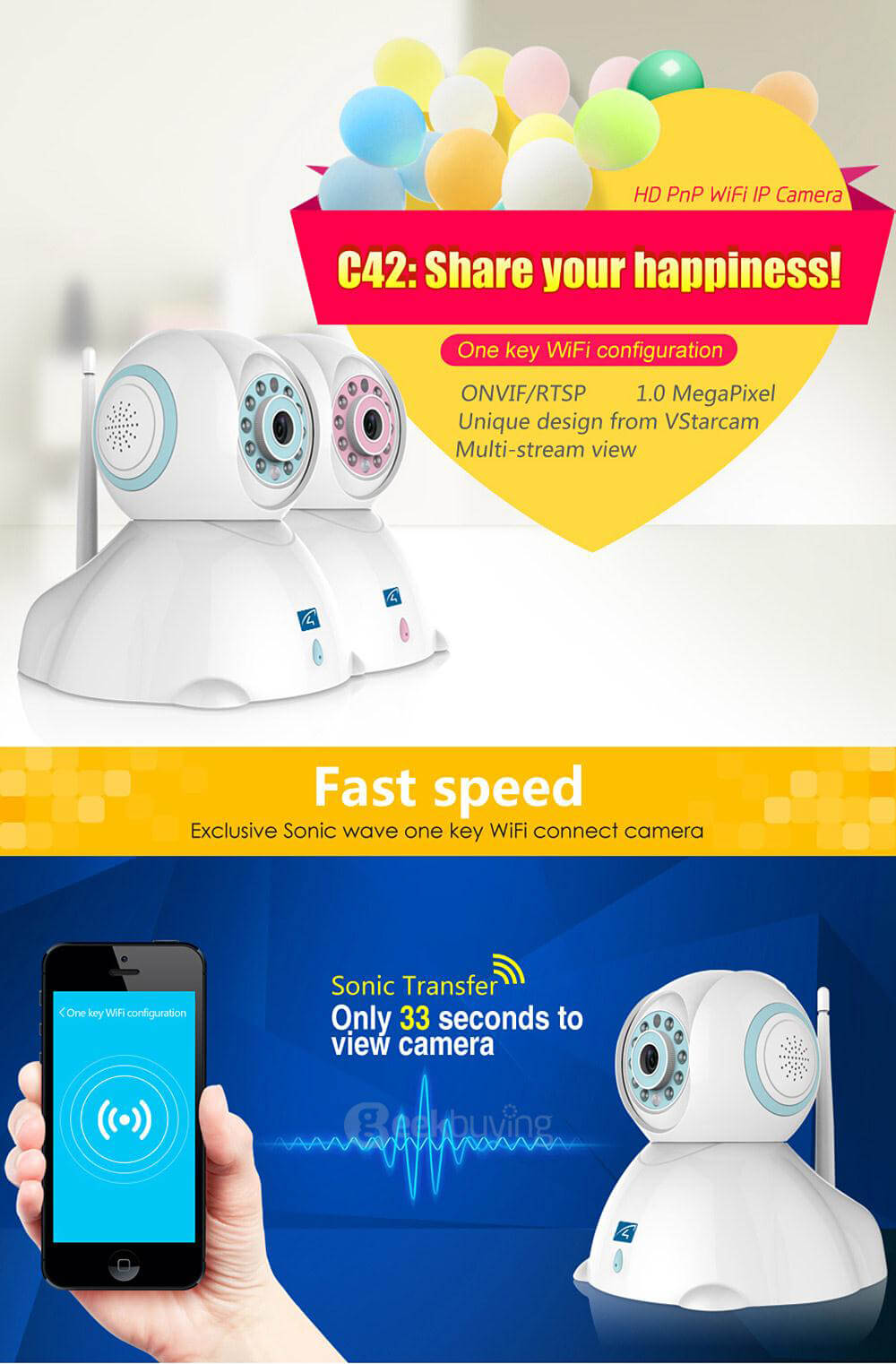 Vstarcam Eye4 C7842WIP 720P HD WiFi IP Camera H.264 video compression 1.0 Megapixel - White + Blue