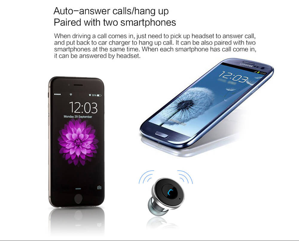 OVEVO Q10 2 Port USB Auto Charger Fast Charge Support Two Bluetooth Devices With Bluetooth Stereo Headset - Silver Black