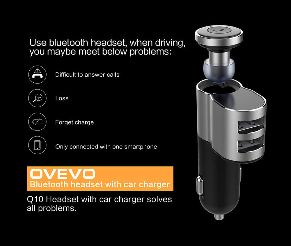 OVEVO Q10 2 Port USB Auto Charger Fast Charge Support Two Bluetooth Devices With Bluetooth Stereo Headset - Silver Black