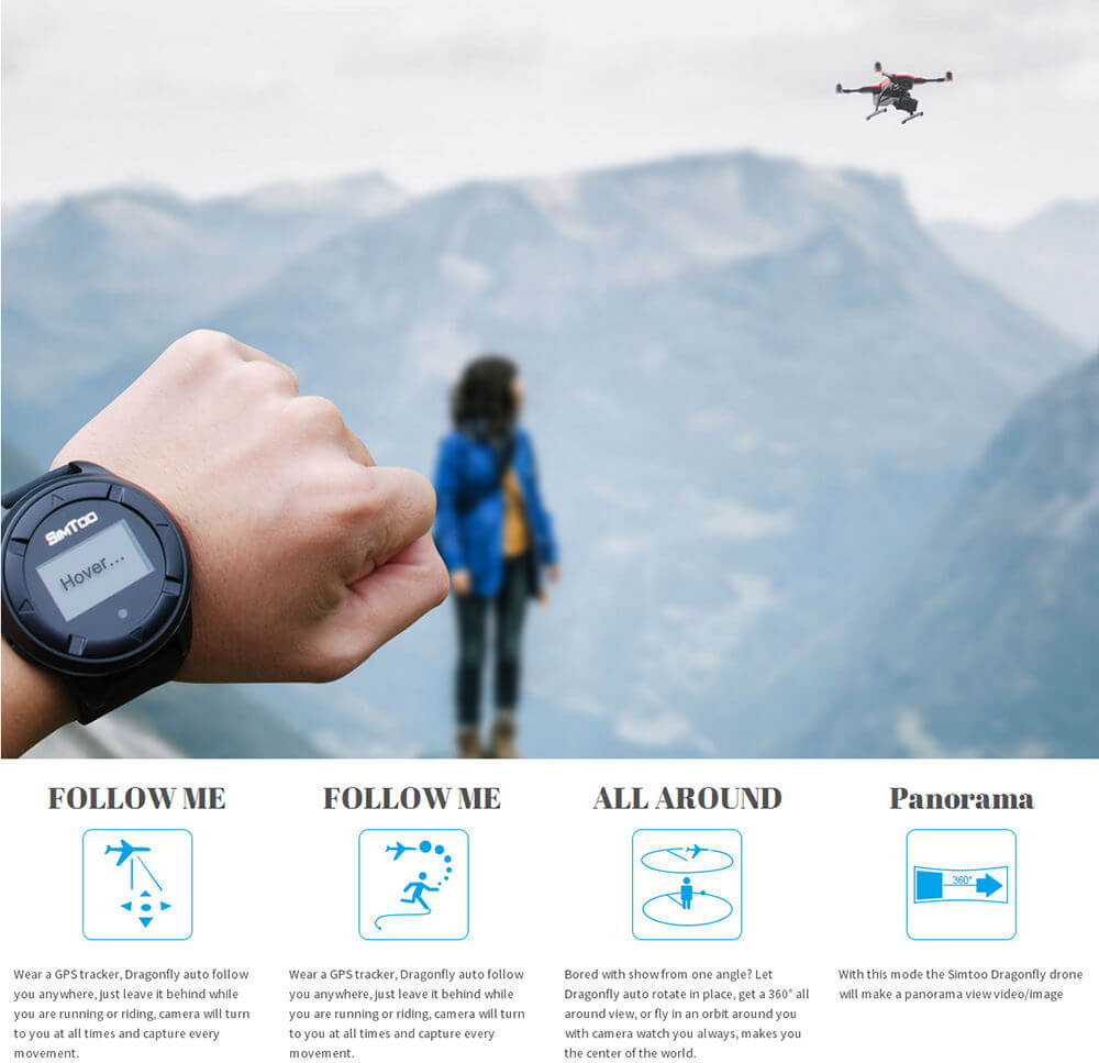 SimToo Dragonfly Drone Pro Follow Me GPS RC Quadcopter with 4K 16MP Camera and Smart Watch