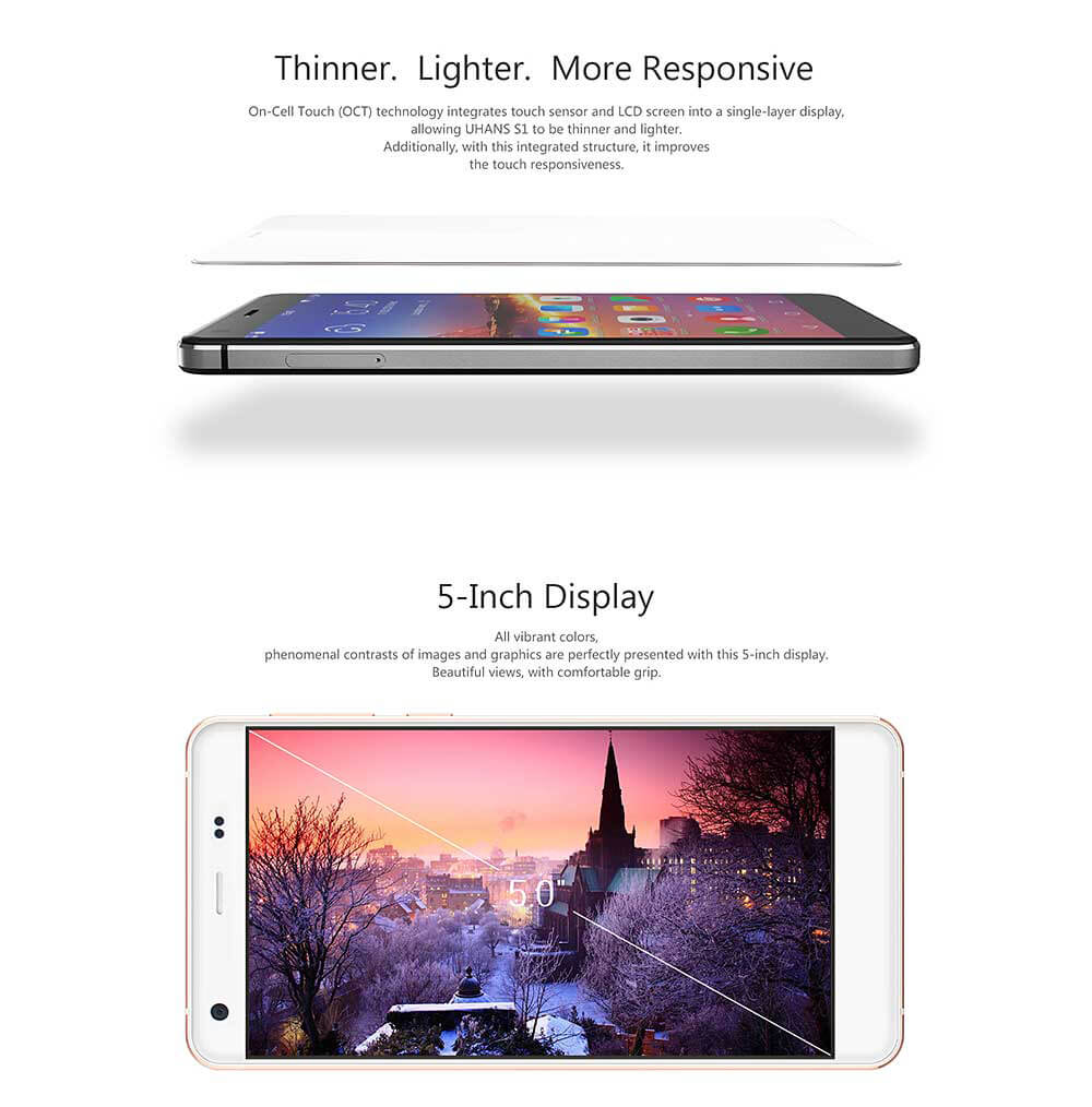 UHANS S1 5.0 Inch 2.5D HD 4G LTE Freeme 6.1OS Android 6.0 3GB 32GB Smartphone(White) + Leather Case(White) +Soft Case + Screen Protector