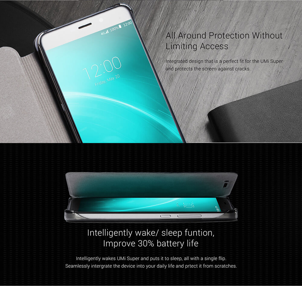 Original Leather Case Smart Flip Cover Protective Standing Phone Holder Case For UMI Super Smartphone - Black
