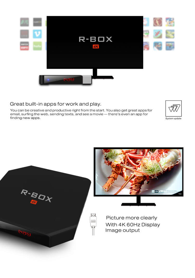 R-BOX Android 5.1.1 RK3229 2G/8G KODI 16.1 Pre-installed 4K TV BOX Bluetooth4.0 HDMI DLNA LED Display - Black