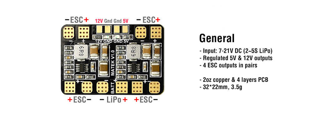 Matek Micro PDB With 5V 12V Power Distribution Board Dual BEC Output For FPV Multicopter