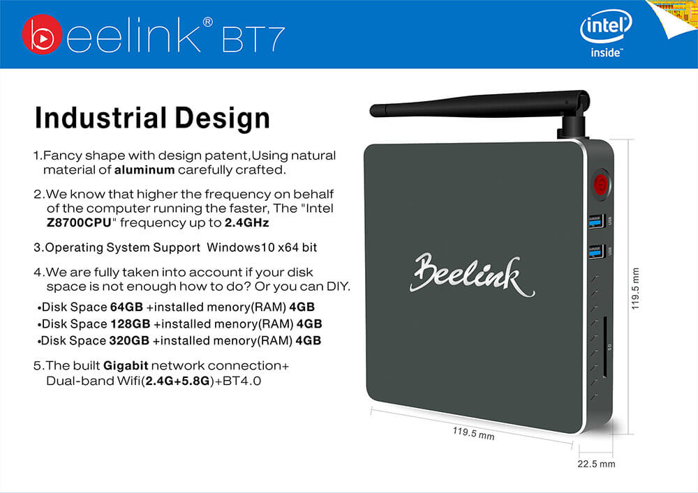 Beelink BT7 Intel Cherry Trail Z8700 4G/64G Barebone Mini PC 2.4G/5.8G WIFI 1000M LAN Bluetooth4.0 HDMI