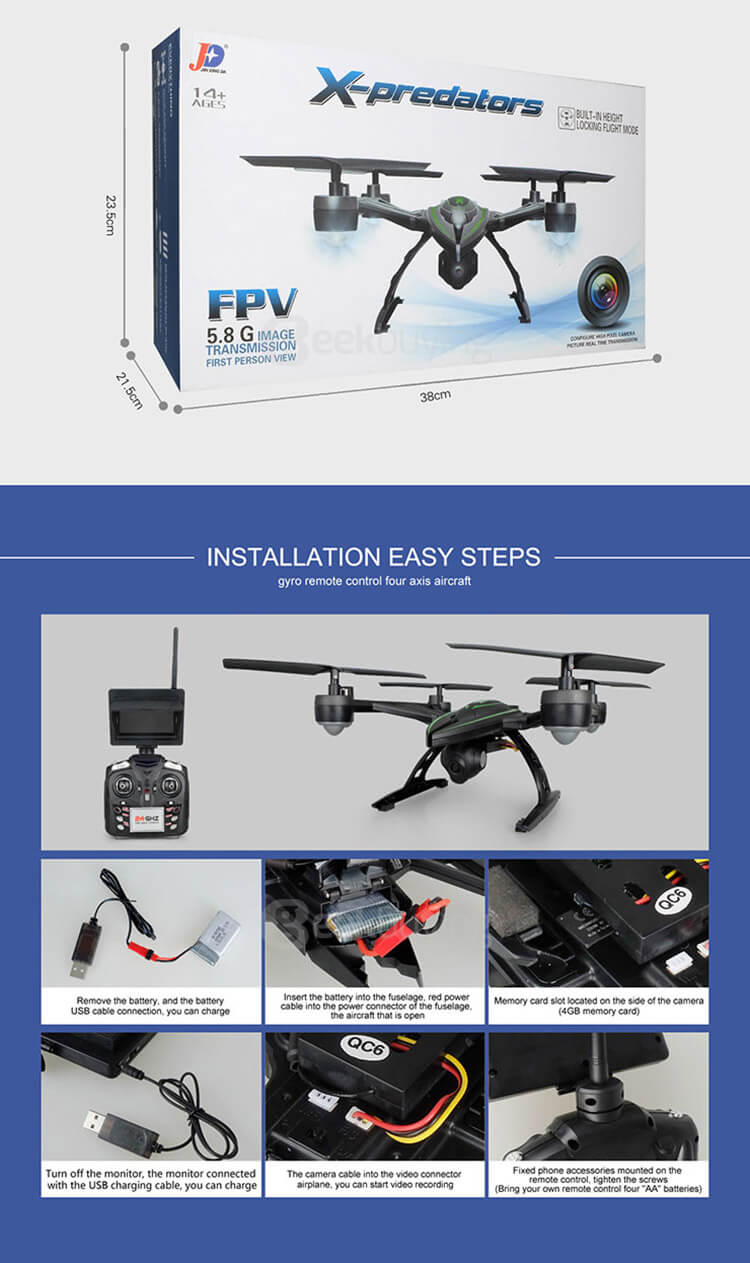 JXD 510G X-Predators FPV 5.8Ghz 2MP Camera Altitude Hold CF Mode 3D Flip 4CH 6-Axis RC Quadcopter