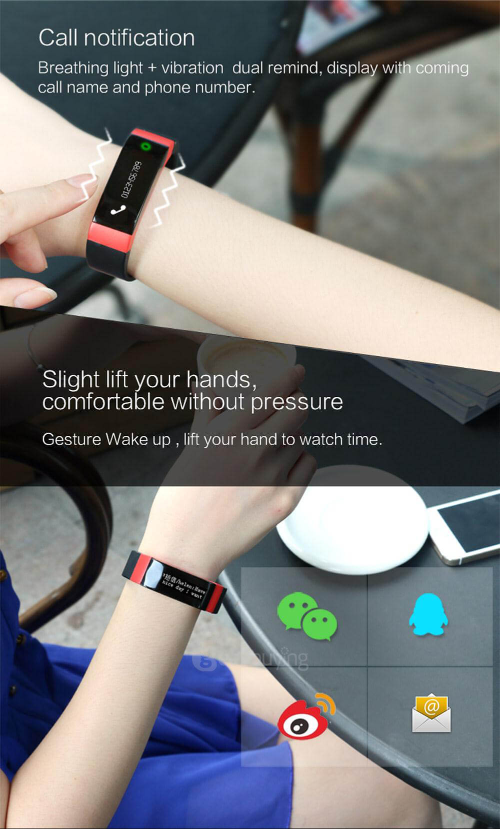 SMA-BAND Bluetooth 4.0 Smart Bracelet Heart Rate Monitor/ Sleep Activity Tracker/ Colorful Breathing Light/ IP65 Waterproof for iOS Android - Black
