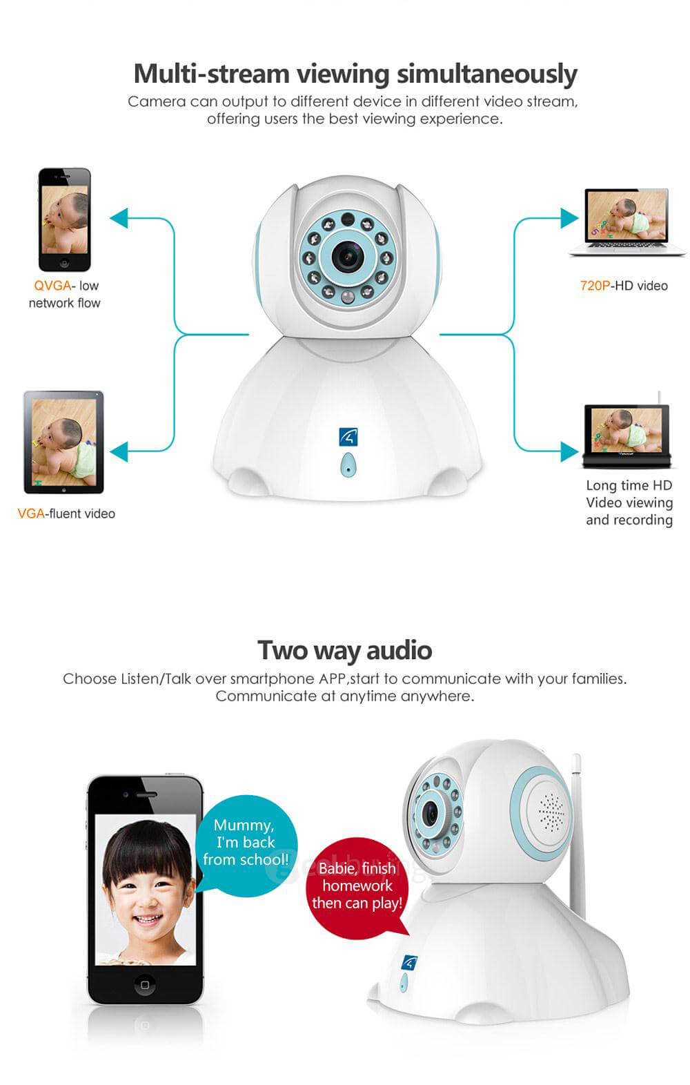 Vstarcam Eye4 C7842WIP 720P HD WiFi IP Camera H.264 video compression 1.0 Megapixel - White + Blue