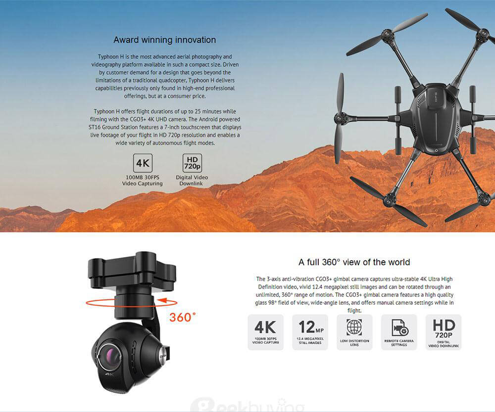 Yuneec Typhoon H FPV 12MP Camera 3Axis Gimbal 7Inches Display Smart RC Quadcopter