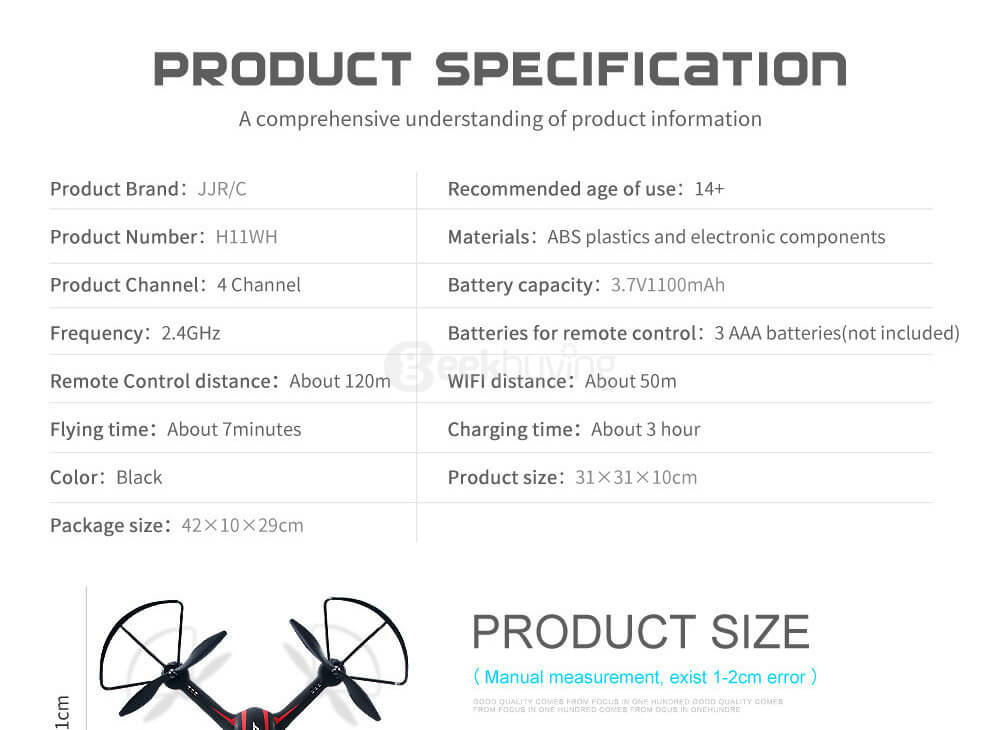 JJRC H11WH WIFI FPV 2MP HD Camera Altitude Hold Mode 3D Roll LED RC Quadcopter - Black