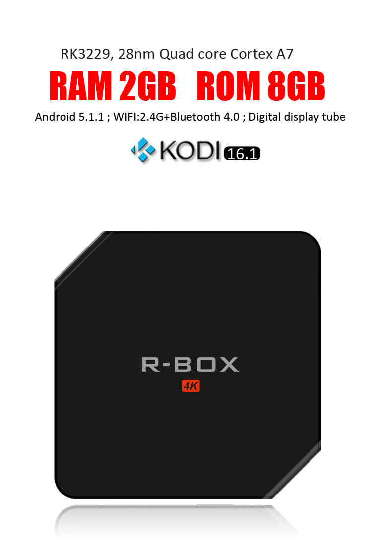 R-BOX Android 5.1.1 RK3229 2G/8G KODI 16.1 Pre-installed 4K TV BOX Bluetooth4.0 HDMI DLNA LED Display - Black