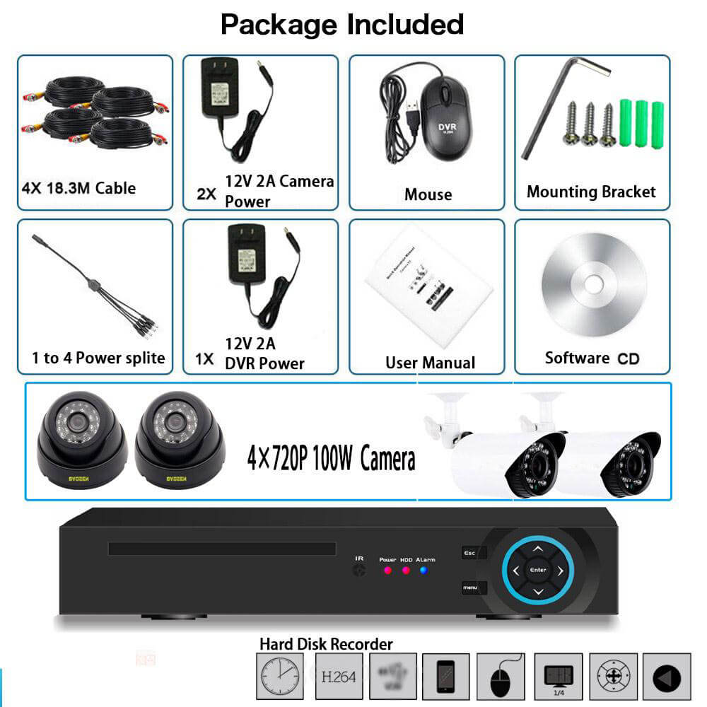 A4M100WC1D0 4CH 720P AHD HD Security Camera System with 4 Indoor/ Outdoor Night Vision Security Cameras