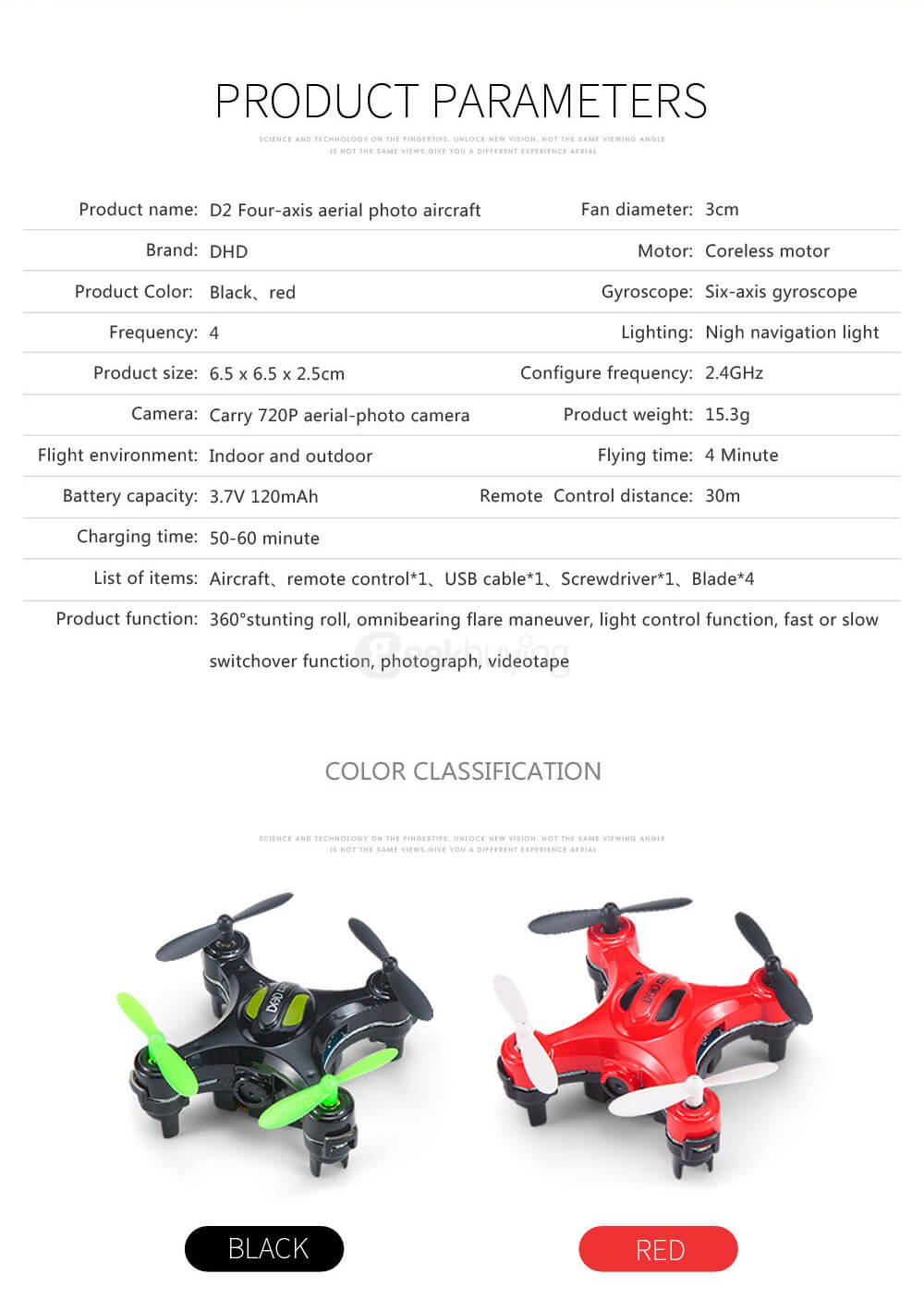 DHD D2 MINI With 2.0MP HD Camera Headless Mode 3D Roll RC Quadcopter RTF - Black
