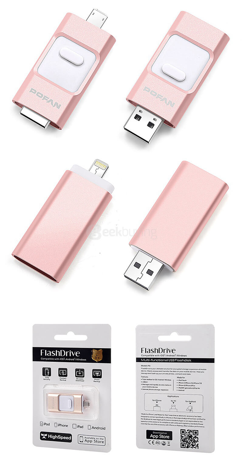 POFAN 3-in-1 32GB Mobile 8pin & USB 3.0 Flash Drive Push-Pull Type U Disk for iPhone iPad / PC / Android Phones - Black