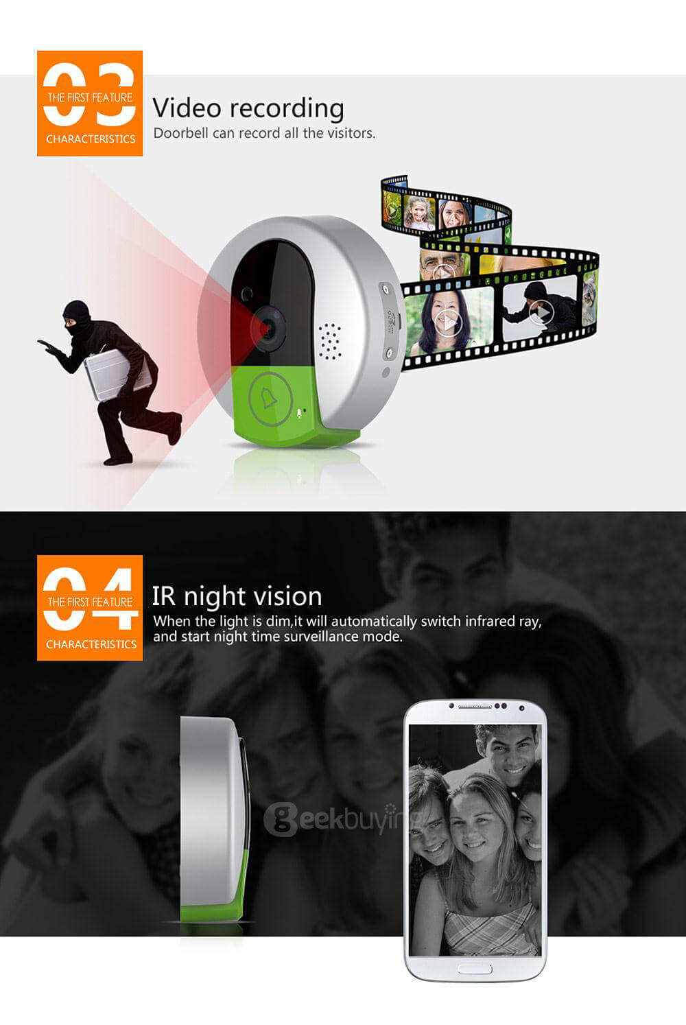 VStarcam C7895WIP 720P HD WiFi IP Camera Wireless Door Bell support SD Card Video Door Phone Recorder - Gray