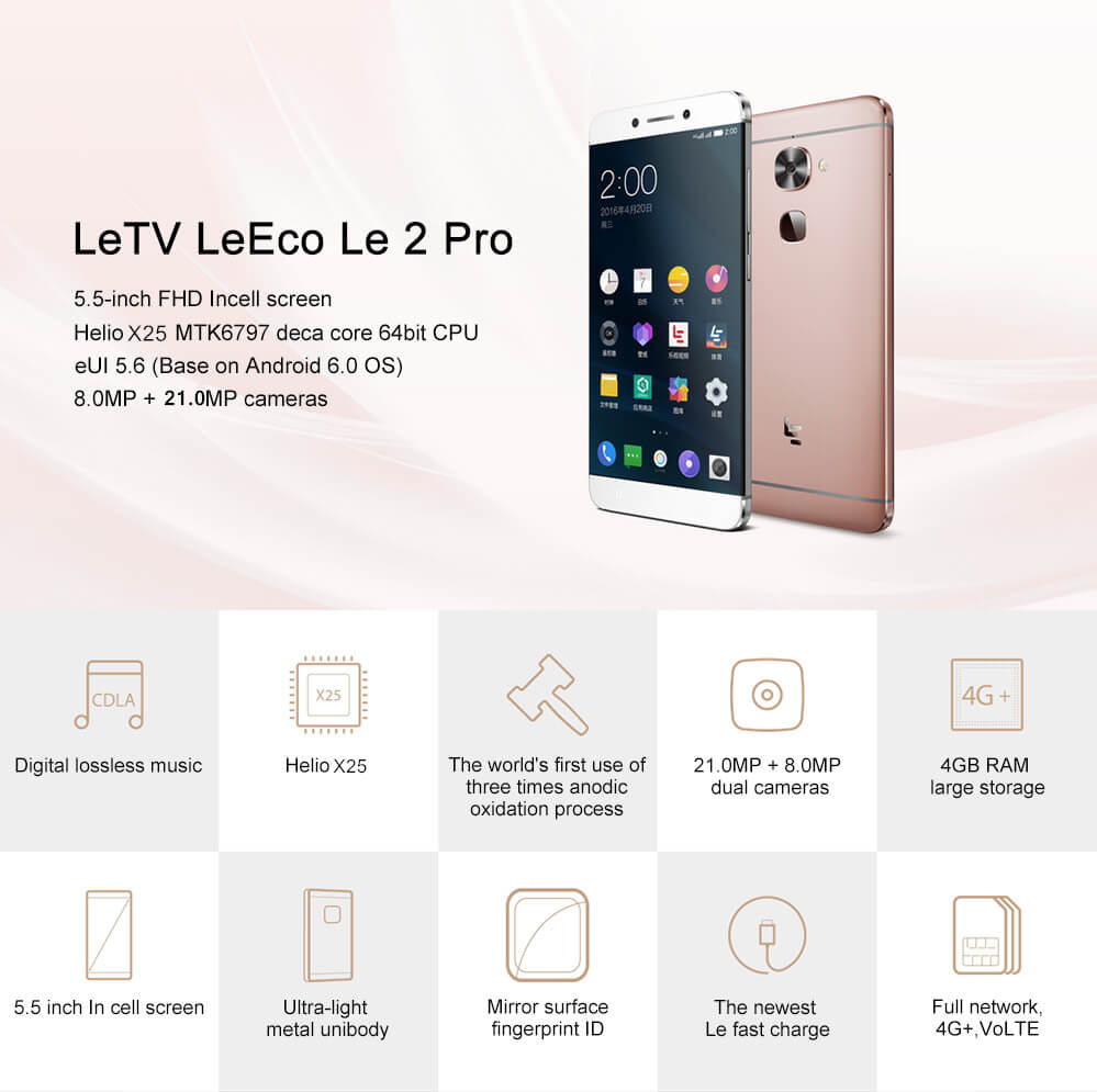 LeTV LeEco Le 2 Pro X625 5.5inch FHD 4G LTE Android 6.0 Helio X25 Smartphone MT6797 Deca Core 4GB 32GB 21.0MP Touch ID Type C Fast Charge - Rose Gold