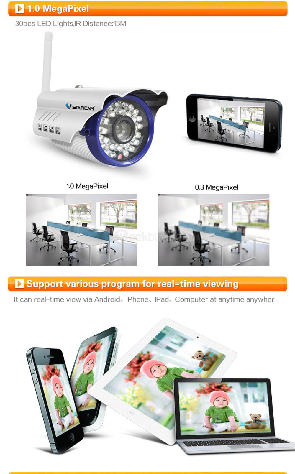 Vstarcam C7815WIP 720P HD WiFi IP Camera H.264 Multi-stream ONVIF/RTSP Protocol Network Camera