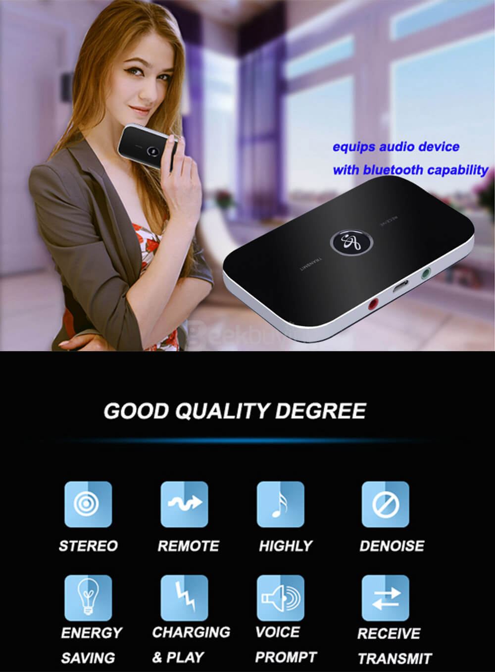 B6 Portable HiFi 2-in-1 Bluetooth Audio Transmitter & Receiver Wireless A2DP Stereo Sound Audio Player Aux 3.5mm - Black