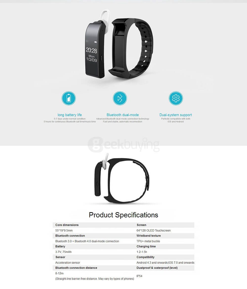 iWOWN V6 Voice Talkband Smart Bracelet with Bluetooth 4.0 Headset Sleep Monitor Fitness Tracker Caller ID Display for Android iOS - Black