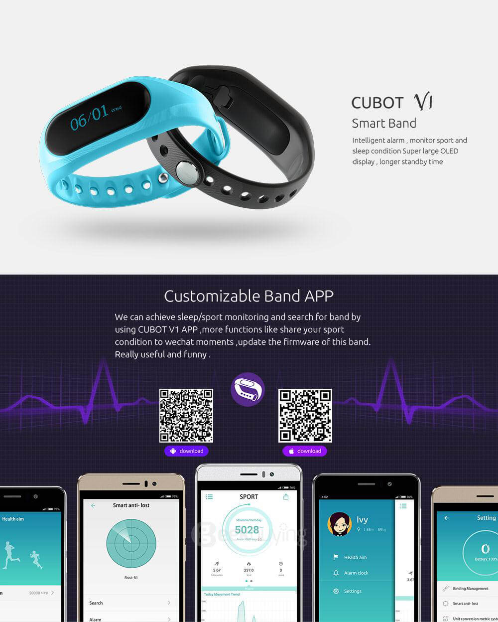 CUBOT V1 Bluetooth Smartband With 0.88