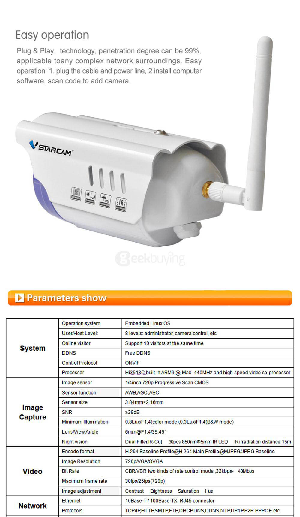 Vstarcam C7815WIP 720P HD WiFi IP Camera H.264 Multi-stream ONVIF/RTSP Protocol Network Camera